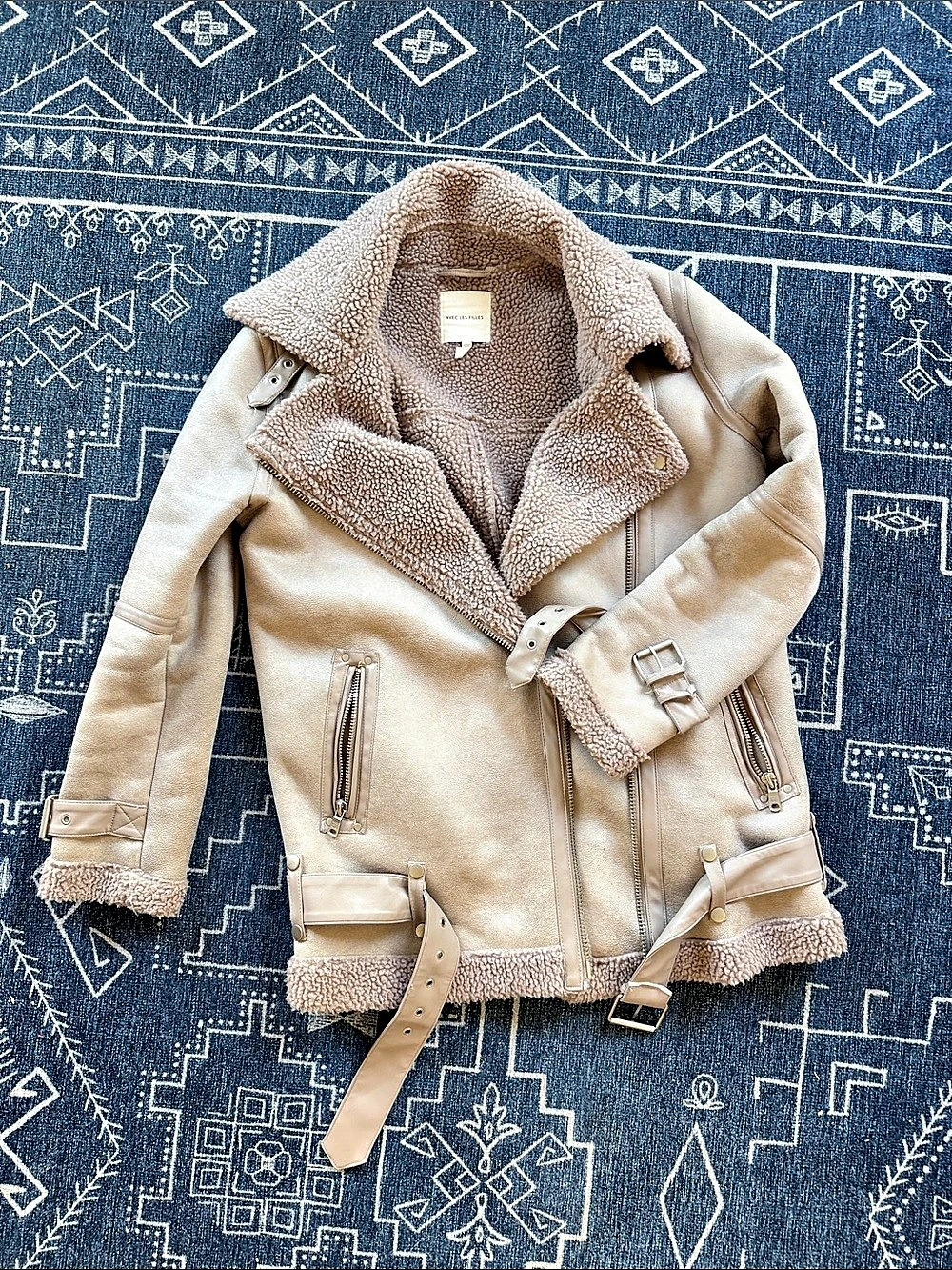 Avec Les Filles Faux Shearling Moto Jacket Beige Sherpa Moto Jacket Like New siz